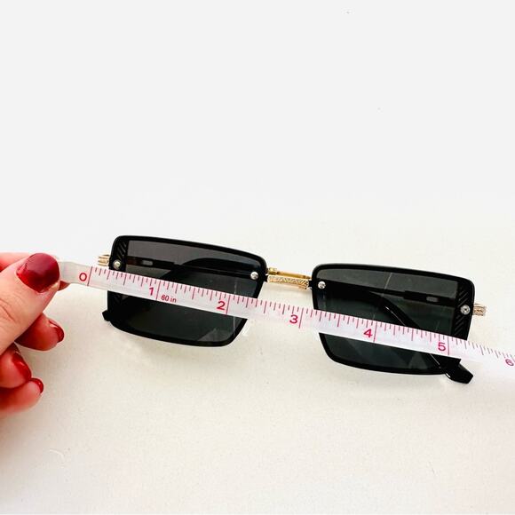 VINTAGE Y2K 90s Gold Metal Square Black Mini Etched Sunglasses Unisex Sunnies - Picture 8 of 12